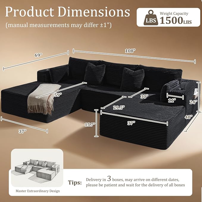 108" Oversized Cloud Sectional Couch, Comfort U Shaped Sofa - Image 2