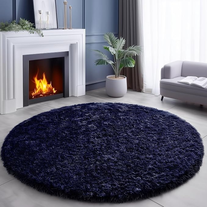 Dark Navy Round Rugs 5Ft for Teen Boys Bedroom, Circular Fluffy Shag Fuzzy - Image 8