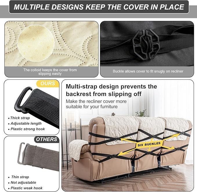 100% Waterproof Recliner Sofa Covers 3 Seater, 6-Piece Split Non-Slip Reclining - Image 6