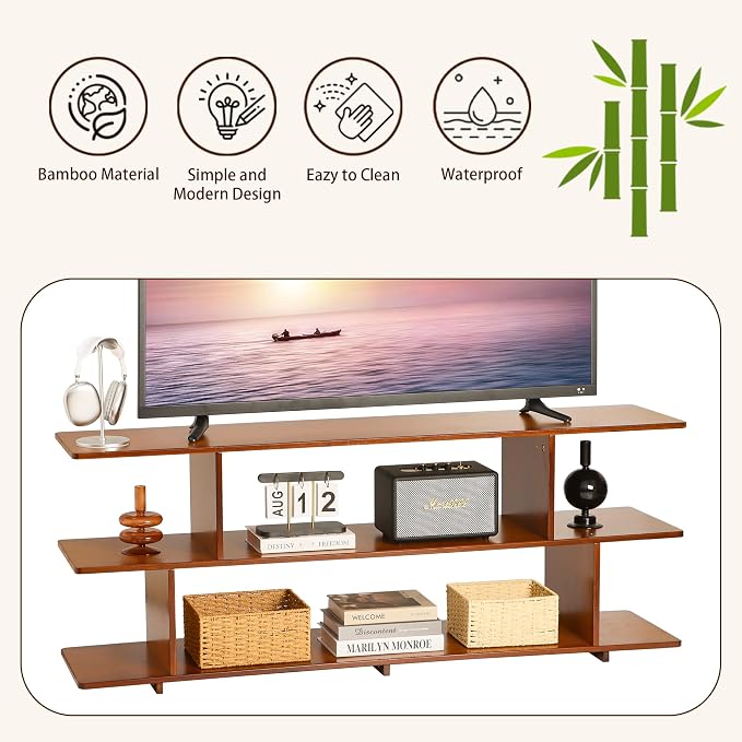 Bamboo TV Stand for TVs up to 65", 3 Tier Accent Entertainment Center - Image 7