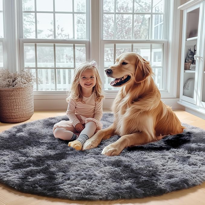 ONASAR Round Rugs 6ft for Living Room Bedroom, Tie-Dyed Dark Grey Fluffy Circle - Image 6