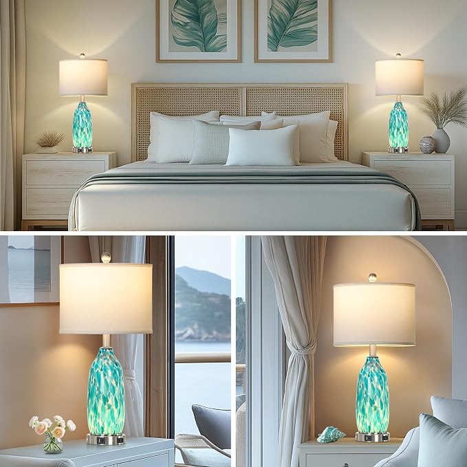 Rinweey 26" Peacock Green Glass Table Lamps Set of 2, Coastal Nautical Bedside - Image 6