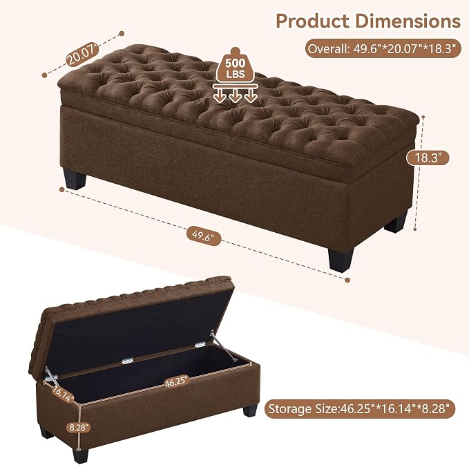 WUTUTUEE 50" Fabric Storage Ottoman Bench, Upholstered Rectangle End of Bed - Image 2