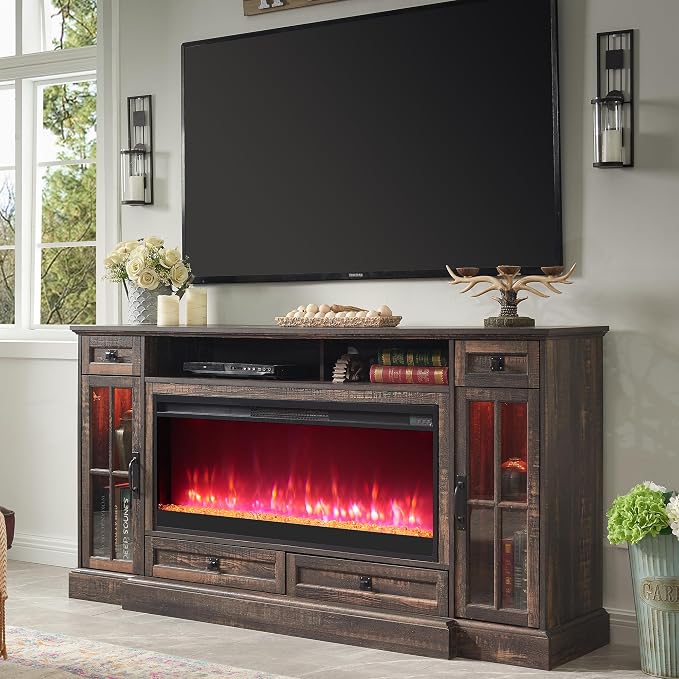 OKD Fireplace TV Stand for 80 Inch TV, Farmhouse Entertainment Center by OKD