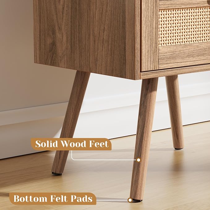 SUPERJARE Nightstand with Charging Station & Rattan-Like Decor Drawer, Rattan - Image 7