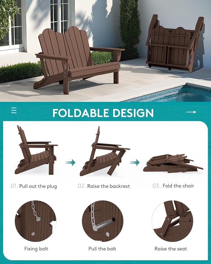 SERWALL Folding Adirondack Bench, HDPE All-Weather Adirondack Loveseat Set of 2 - Image 4