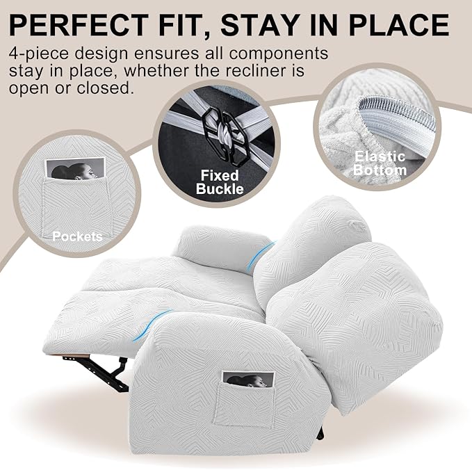 Recliner Loveseat Covers, 4-Piece Stretch Geometric Strokes Jacquard Reclining - Image 4