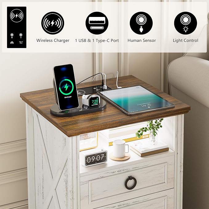 Nightstand Set 2 with Charging Station, Farmhouse End Side Table with 3 Drawers - Image 3