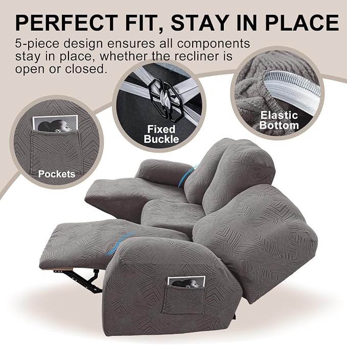 5-Piece Recliner Sofa Covers, Stretch Geometric Strokes Jacquard Recliner Sofa - Image 4