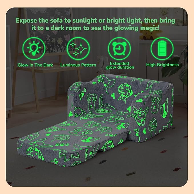 MeMoreCool Glowing Dog Print Kids Chair, 2-in-1 Foldable Kids Couch - Image 4