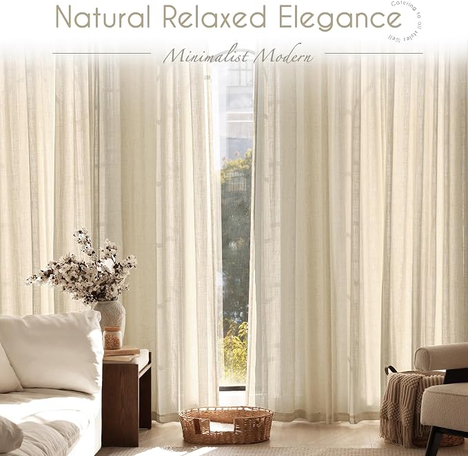 Greyish Beige Linen Curtain 102 inch Length 2 Panels Set Back Tab Light - Image 7