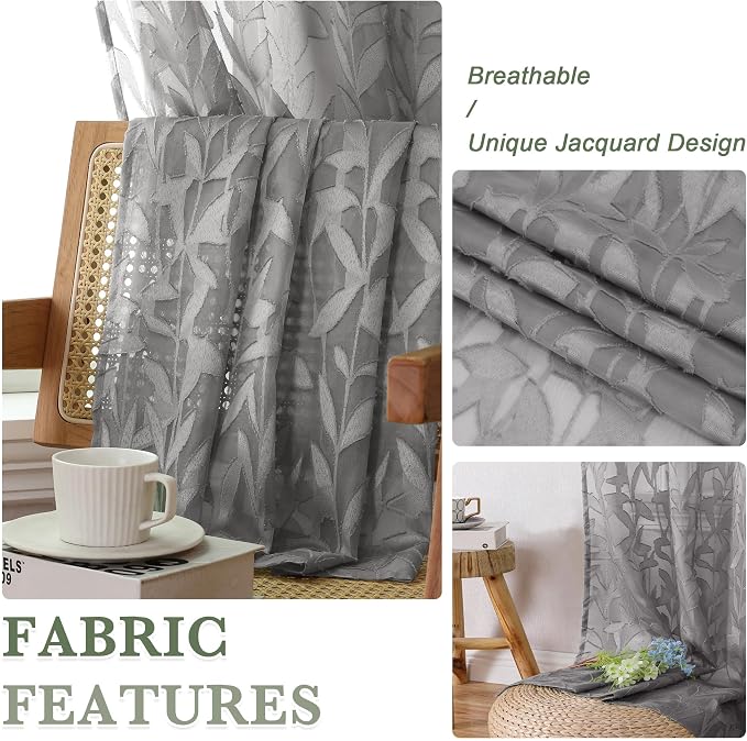Lecloud Leia Charcoal Grey Sheer Curtains 96 Inches Long 2 Panels, Airy Leaf - Image 8