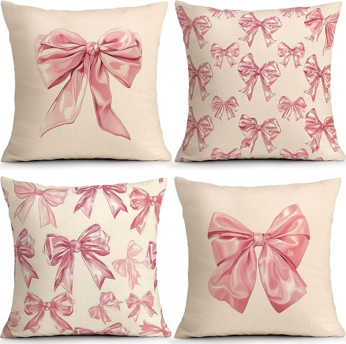 OBSEDE Cute Pink Bow Decorative Throw Pillow Covers 18 × 18 in, Couch Cushion by OBSEDE