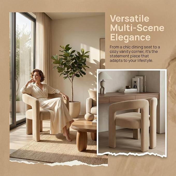 Hyfirm Upholstered Barrel Dining Chair Set of 1, Khaki Velvet Kitchen Accent - Image 4
