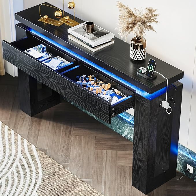 LIKIMIO Console Table with Drawers, Modern Entryway Table with LED Lights and - Image 2