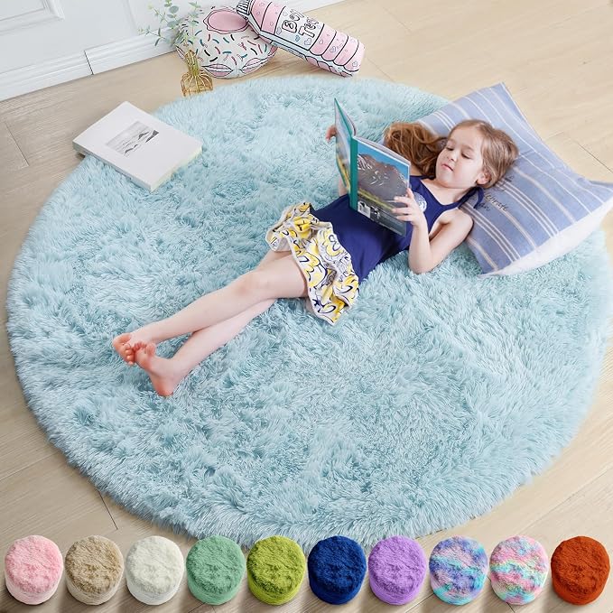 Amdrebio Light Blue Round Area Rug 4Ft by Amdrebio