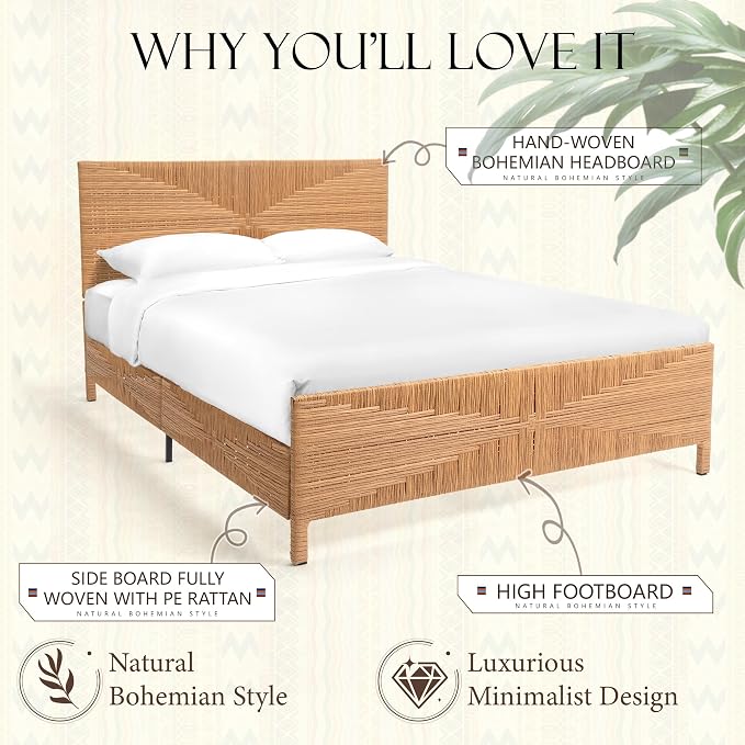Yechen Queen Rattan Style Boho Bed Frame - Image 5