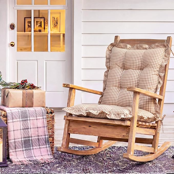 Lewtemi 2 Set Brown Gingham Rocking Chair Cushion Village Ruffled Rocking Chair - Image 6
