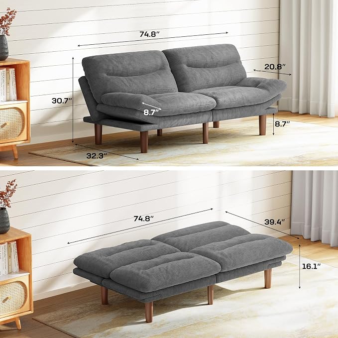 Marsail 75" Futon Sofa Bed, Convertible Corduroy Futon Couch - Image 2