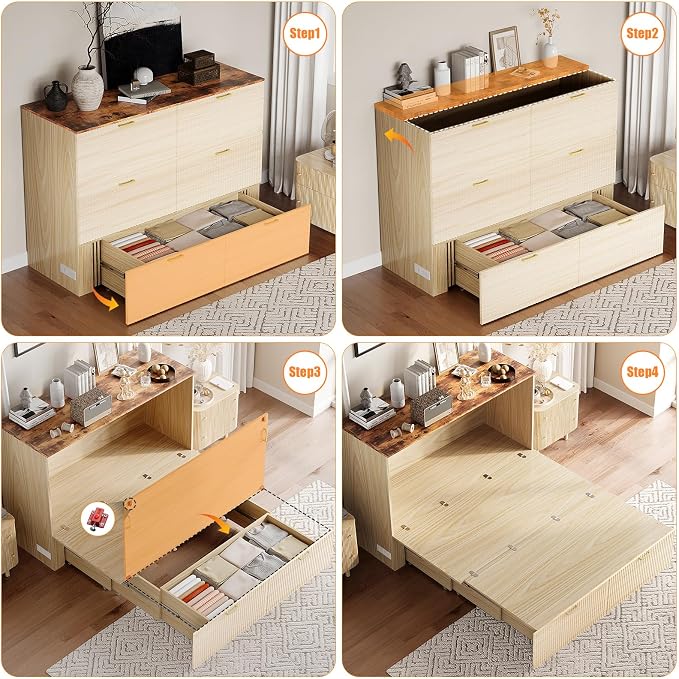 VINGLI Full Murphy Bed with Storage Drawer, 2 Charging Station, Fluted Wooden - Image 8