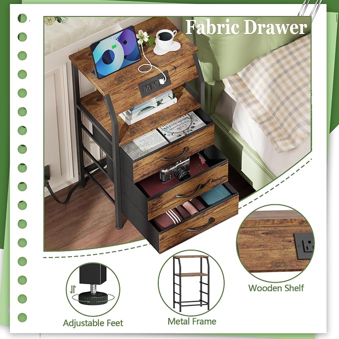 Furnulem Night Stand with Charging Station, USB Ports and Outlets, 28.3 Inch - Image 7