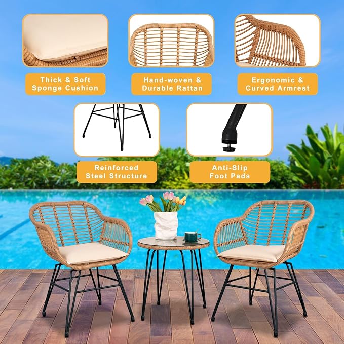 3 Piece Outdoor Wicker Furniture Bistro Set, Rattan Chairs Conversation Sets - Image 9