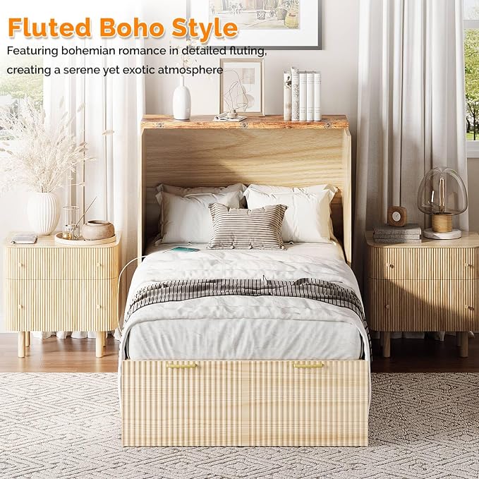 VINGLI Twin Murphy Bed with Storage Drawer, Fluted Wooden Foldable Bed Cabinet - Image 6