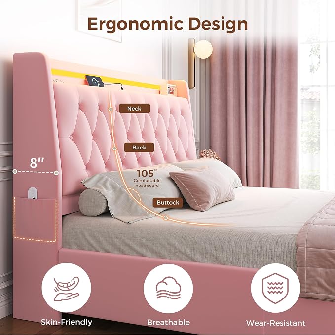 Full LED Velvet Bed Frame with 2 Storage Drawers&Hidden Headboard, Upholstered - Image 4