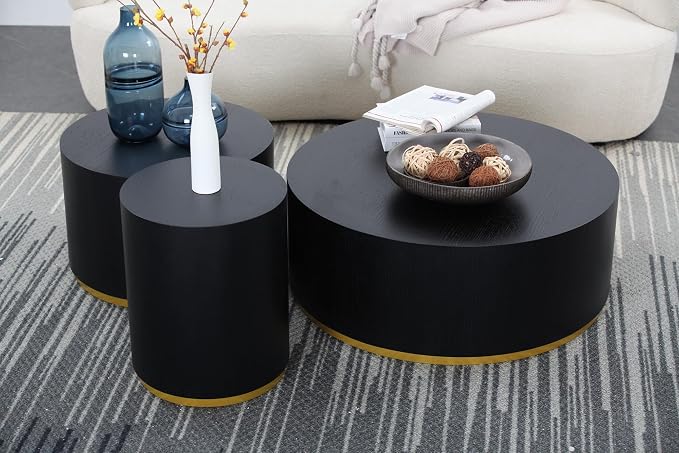 SSLine Classic Drum-Shape Contemporary Round Coffee End Table Black Wood Small - Image 5