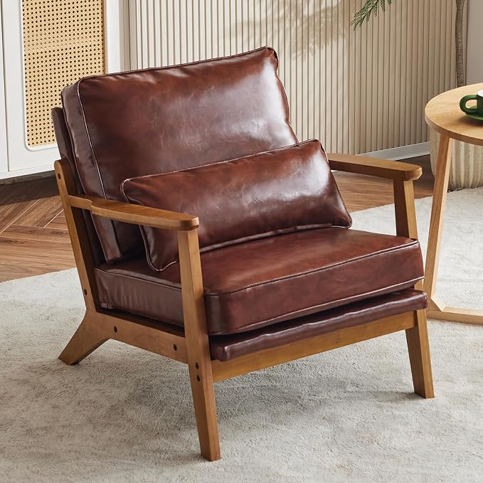 Karl home Accent Chair Wide Armrest Mid-Century Lounge Chair PU Leather Armchair by Karlhome