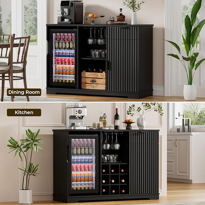 Coffee Bar Cabinet with Fridge, Fluted Wine Bar Cabinet with Wine Rack and - Image 8