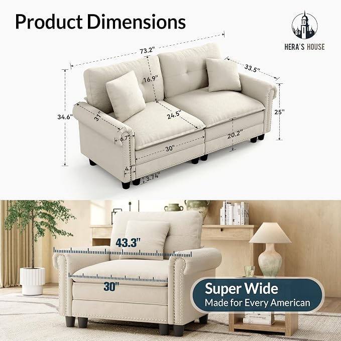 HERA'S HOUSE 73.2" Mid-Century Modern Loveseat, Oversized Sectional Couch - Image 2