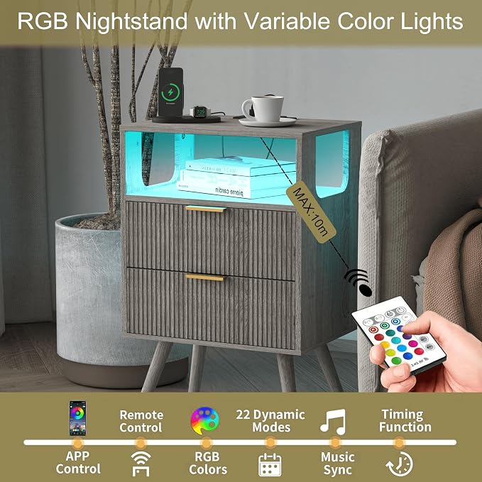 JOONEE Nightstand with Charging Station and LED Lights, Modern Bedside Table - Image 5