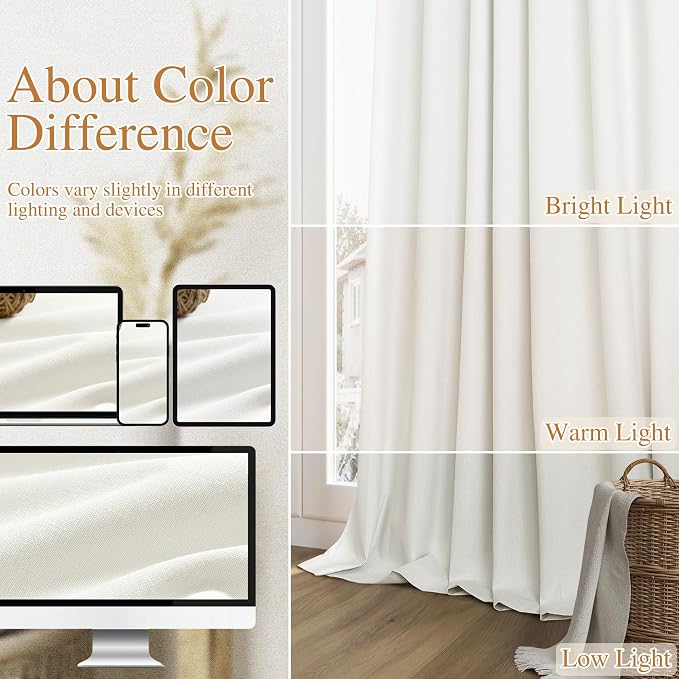 Guken Ivory 100% Blackout Linen Curtains 96 Inch Length 2 Panels Set - Image 7