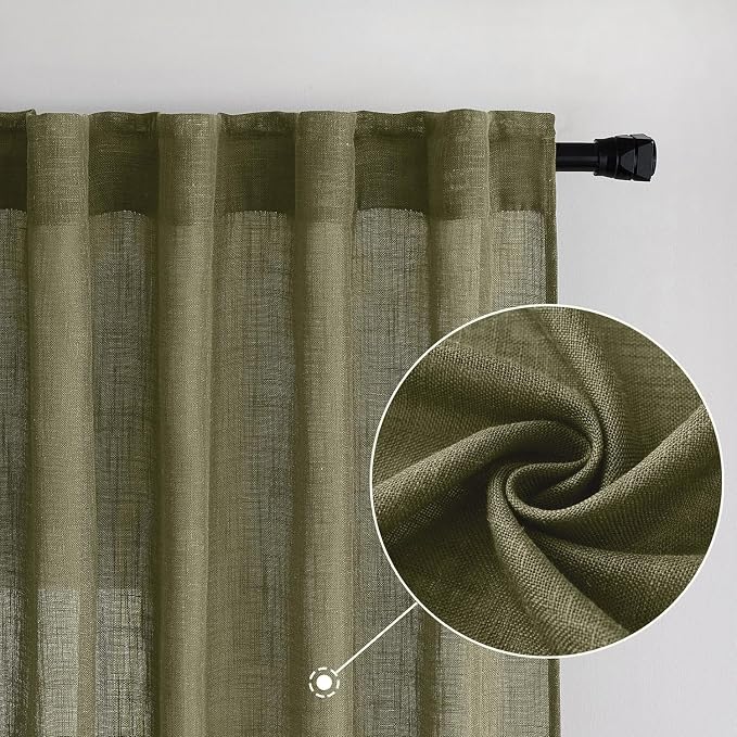 MIULEE Light Olive Green Linen Curtains 108 Inches Long 2 Panels - Image 2