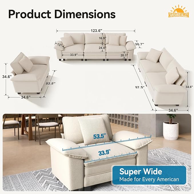 SUNSHINE VALLEY 3 Piece Living Room Sofa Furniture Set, Chenille Modular - Image 2