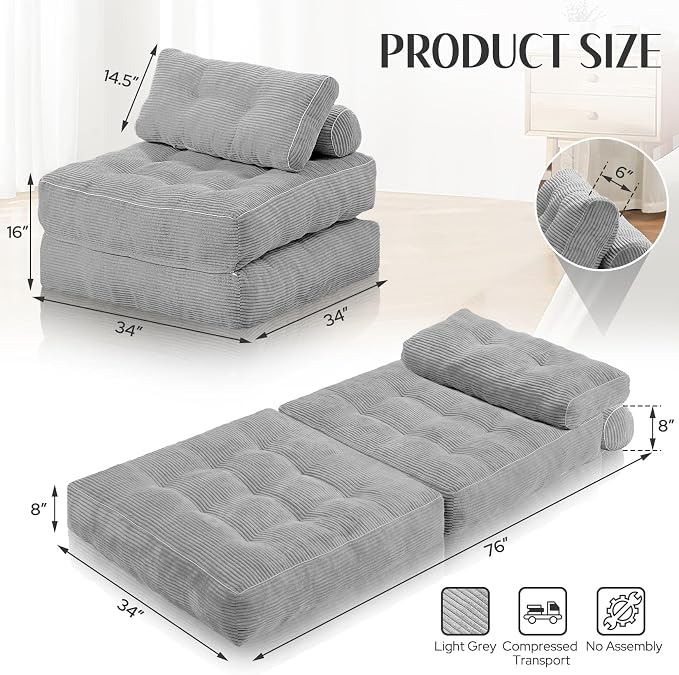 HABUTWAY Folding Sofa Bed, Convertible Sleeper Chair Bed w/Dual-Pillow & Handle - Image 2