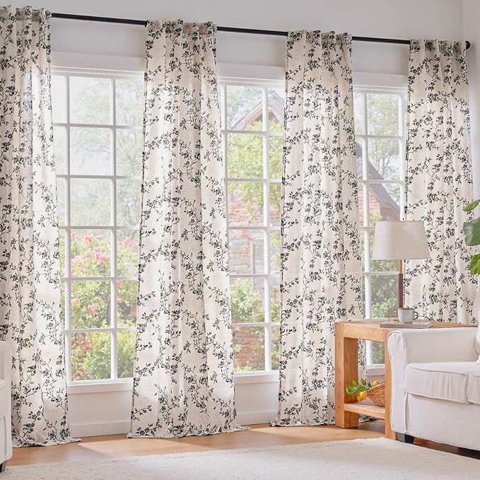 Lazzzy Black Floral Linen Curtains 90 Inch Farmhouse Back Tab Drapes - Image 6