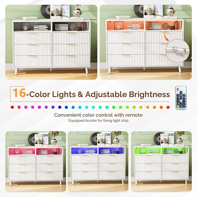 VINGLI Fluted White Dresser, Led Dresser 6 Drawer - Image 4