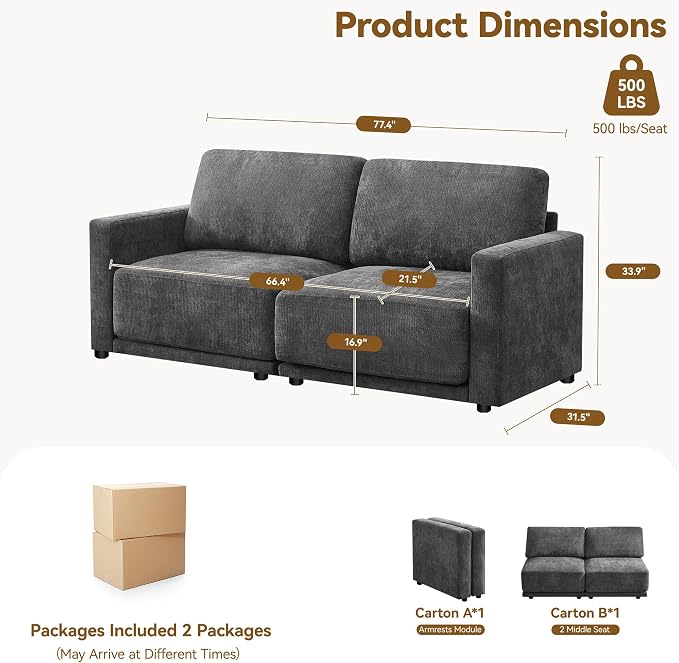 77.4" Chenille Modular Loveseat Oversized Upholstered 2 Seater Sectional Sofa - Image 2