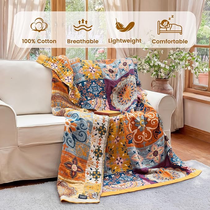 MSGKV Boho Throw Blanket for Bed 90"x90" 100% Cotton Blanket Spring Breathable - Image 2