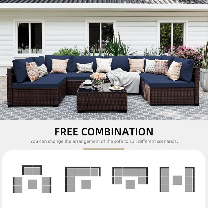 UPHA 7 Pieces Patio Furniture Sets, Wicker Outdoor Sectional Sofa Couch - Image 4