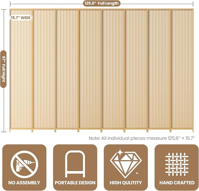 8 Panel Room Divider and Extra Wide Folding Privacy Screen, Bamboo Room Divider - Image 2
