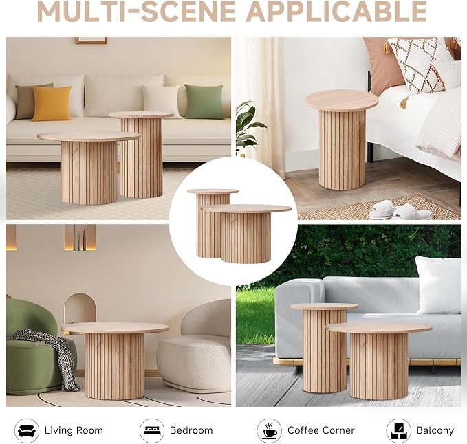 Round Nesting Coffee Table Set of 2 Mid Century Modern Wood Round Coffee Tables - Image 7