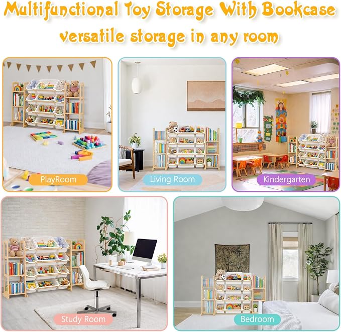 Toy Storage Organizer with Bookshelf – Wooden Toy Organizer with 12 Toy Bins & - Image 7