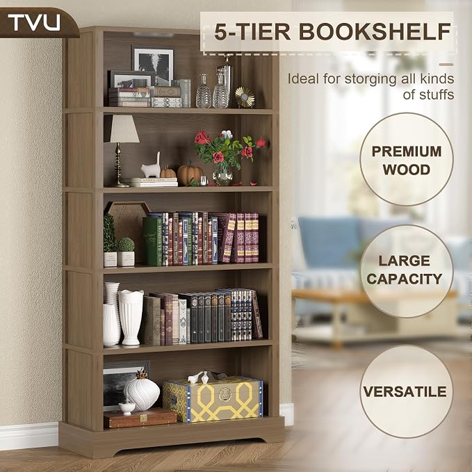 TVU 5-Tier Wooden Bookshelf, 31.5" W Standing Book Shelf - Image 4