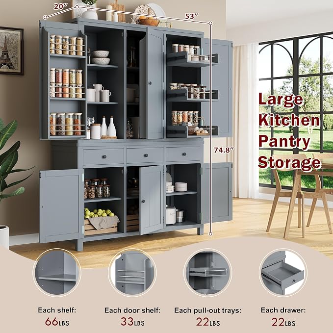 74.8''H High Freestanding Kitchen Pantry, Wooden Kitchen Organizers Cupboard - Image 5