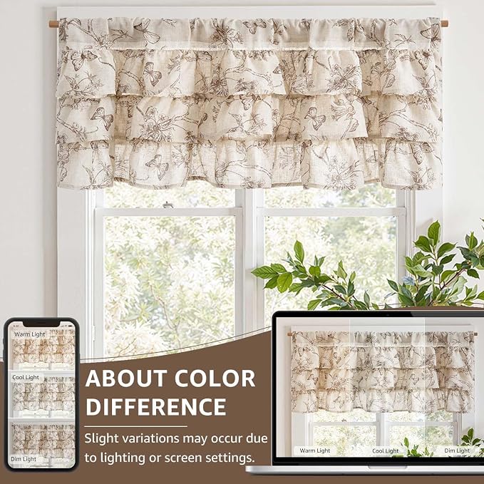 jinchan Ruffled Valance Curtain Linen Floral Kitchen Valance 18 Inch Shabby - Image 8