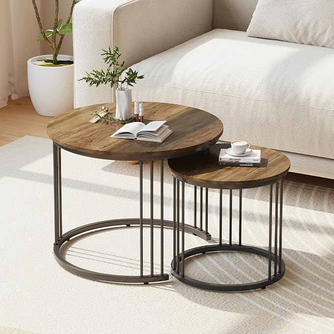 Garden 4 you Nesting Coffee Table, 23.6" Round Coffee Table Set of 2, Wooden by Garden4you