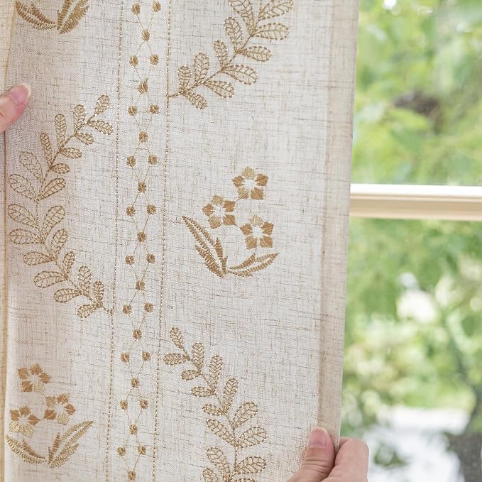 jinchan Belrose Linen Curtains for Bedroom Floral Curtains 63 Inch Length Linen - Image 4